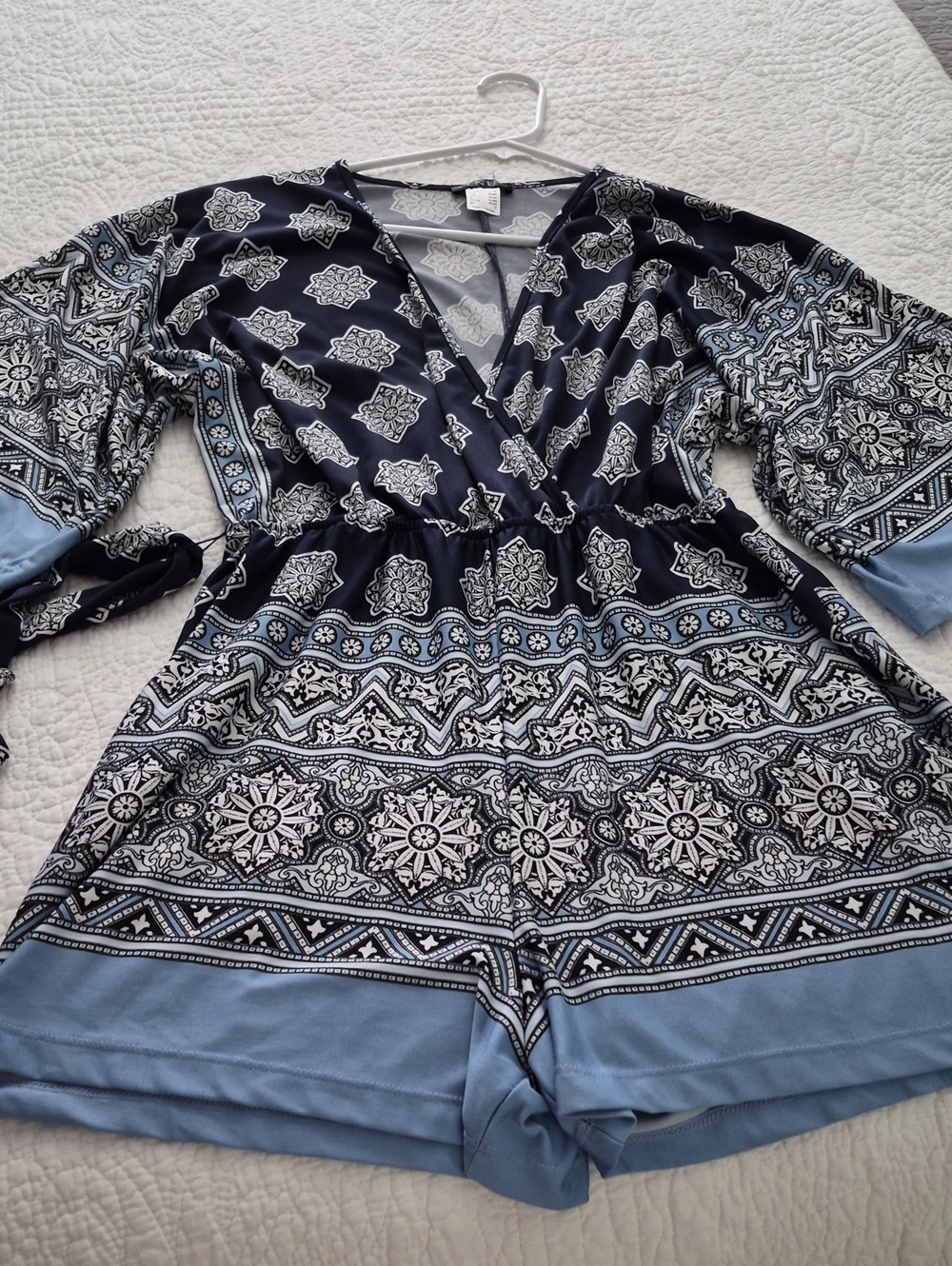 VENUS Navy and Light Blue Printed Waist-Tie Kimono Style One Piece Shorts Set